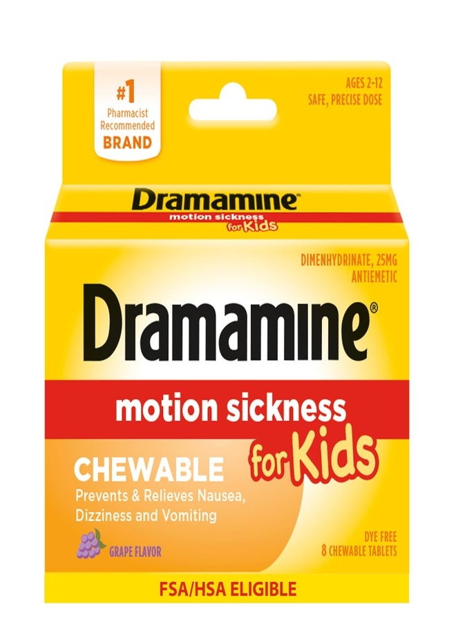 Dramamine Motion Sickness Relief for Kids - Chewable Grape Flavor, 8 Count - Image 1